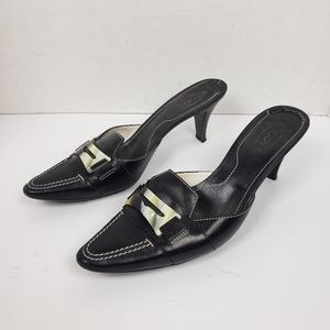 Tods Black Leather Penny Loafer High Heel Mules 9